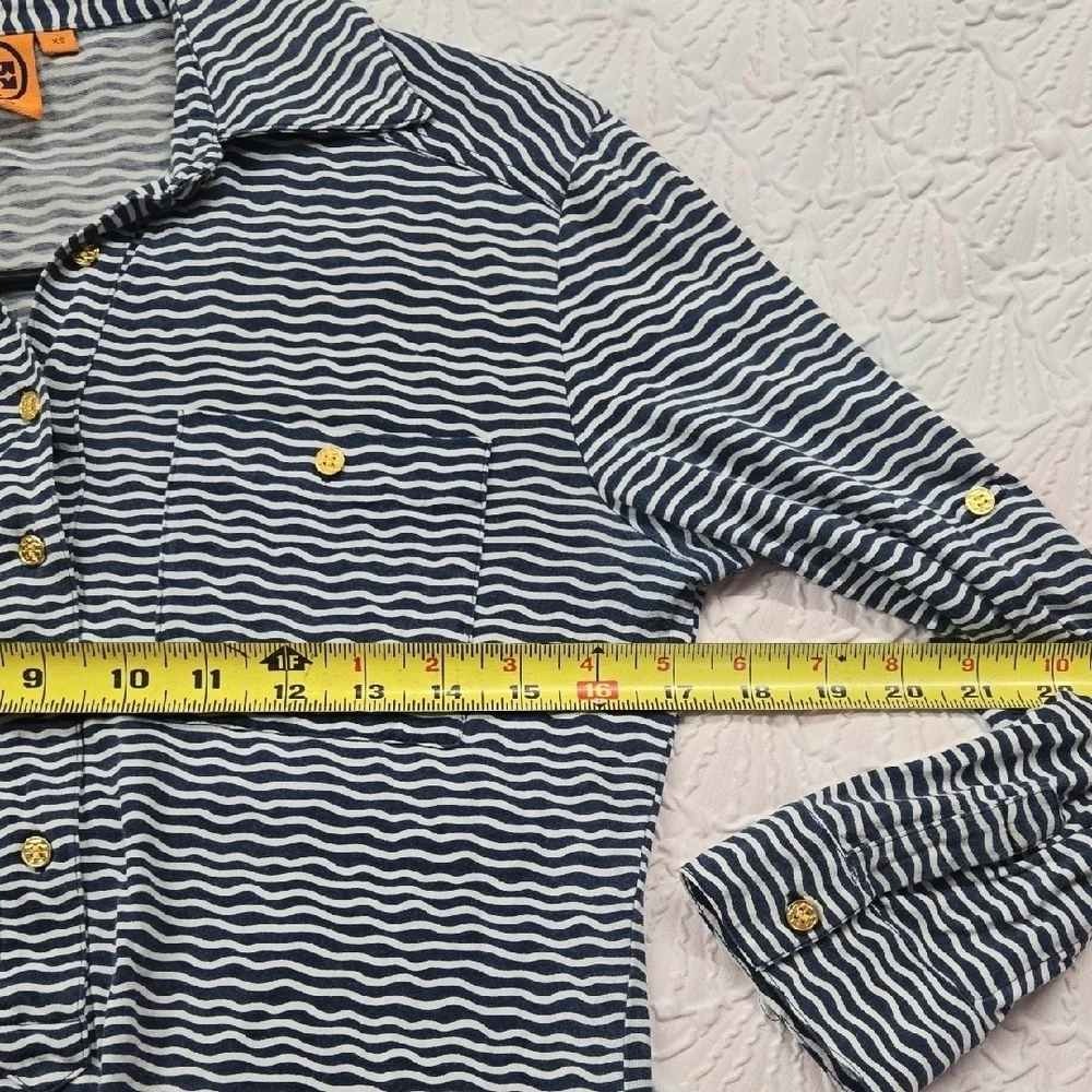 Tory Burch Navy and White Wavy Striped Long Sleeve Top